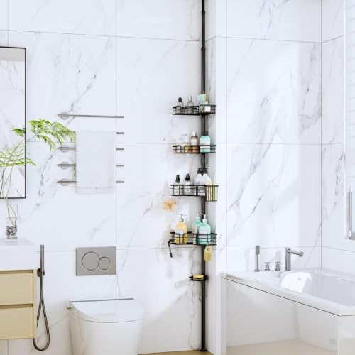 Shower Caddy Tension Pole - 4-Tier Corner Shower Organizer Tension Rod with Soap Holder, Toothbrush Holder & 4 Hooks, Adjustable Stainless Steel Bathroom Organizer 27.6 to 108.3 inch, Black - view 6