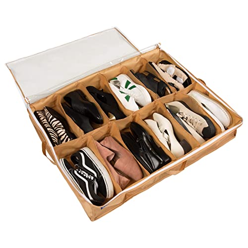 Under Bed Shoe Storage Organizer - Underbed Closet Solution With 2 Metal Zippers, 3 Handles, Clear Cover - Fits 24 Pairs of Men's and Women's Shoes - Set of 2, Yellow - view 2