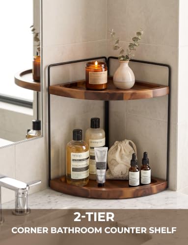 2-Tier Corner Bathroom Organizer, Acacia Wood Countertop Shelf - view 2