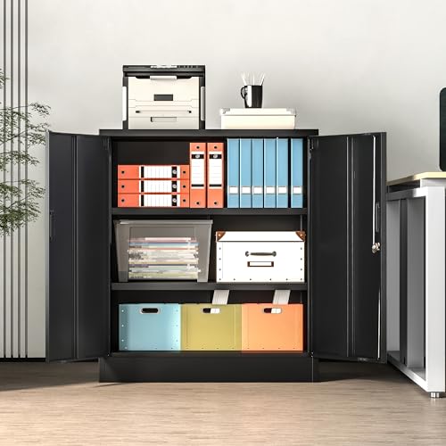 Metal Storage Cabinet, 36" H Locking Storage Cabinet with 2 Adjustable Shelves, Metal Cabinets for Garage, Home, Office, Utility Room-Black - view 2