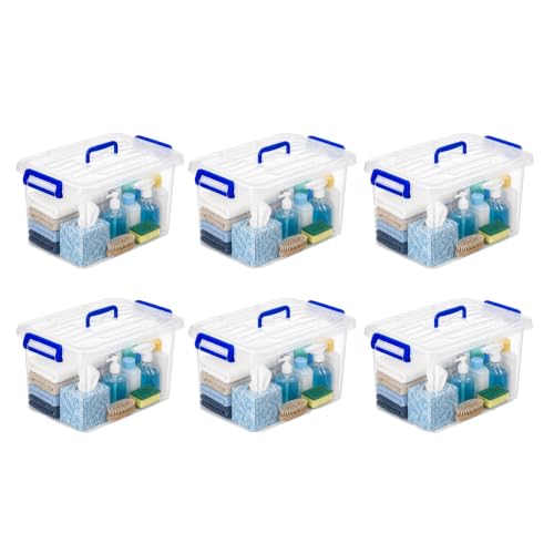 Plastic Organizer Box Set - 6 Pack Stackable Clear Totes with Snap Handles, Latching Lid, Transparent Containers for Home, Garage, Closet, Office Organization - Durable Storage Solution