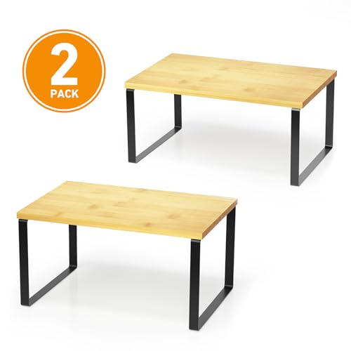 Cabinet Shelf Organizers 2 Pack, Kitchen Counter Rack Shelves Riser, Stackable Expandable Spice Rack, Pantry Cupboard Storage Organization (Black and Natural, Short) - view 7
