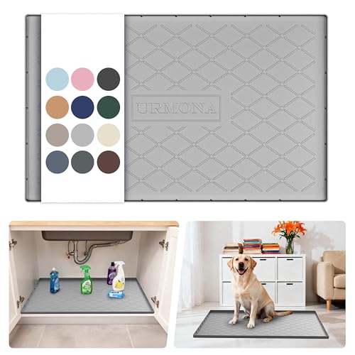 Under Sink Mat for Kitchen Waterproof, 34" x 22" Silicone Under Sink Mat for Shelf Liner Organizer, Cabinet Sink Protector Under Sink Liner for Bottom Kitchen, Bathroom(Light Grey)
