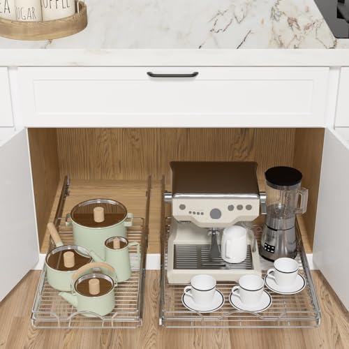 Pull Out Cabinet Organizer 2 Pack (15" W x 21" D), Pull out Shelves 1 Tier, Cabinet Slide Out Shelves for Base Cabinet Organization in Kitchen Bathroom Pantry, Bottom Mount, Chrome Finish - view 3