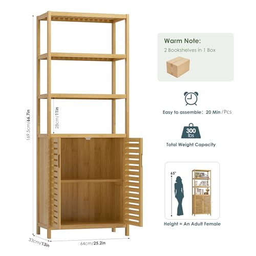 6-Tier Bamboo Book Shelves with 2 Door, Tall Bathroom Storage Cabinet - view 3