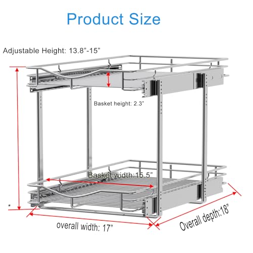 2 Tier Pull Out Cabinet Organizer (17" W x 18" D) Heavy-Duty Metal Sliding Drawer Shelf, Two Tier Pull Out Shelves for Kitchen Cabinets, Pantry, Bathroom, Chrome Finish - view 3
