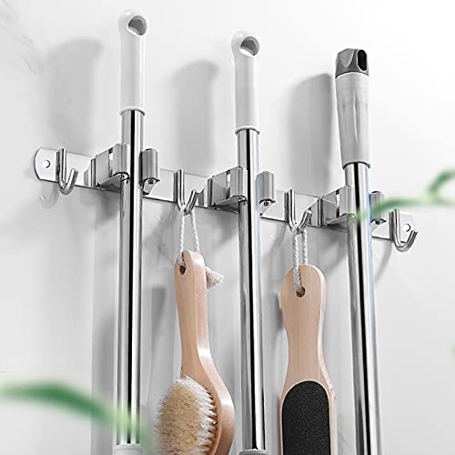 Broom and Mop Holder Wall Mounted, Broom Hanger Storage Rack, Stainless Steel Mop Hanger, Dustpan Holders with 2 Racks and 3 Hooks, Heavy Duty utility hooks for hanging brooms and mops - view 4