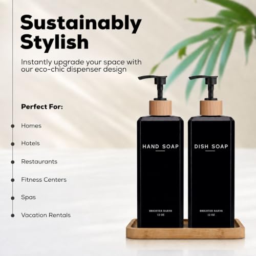 Black Glass Hand and Dish Soap Dispenser Set - 12oz Kitchen Soap Dispenser Set with Bamboo Tray and Pump - Boho Modern Home Decor for Kitchen Sink, Restaurant, Hotel, Gifts (Black) - view 2