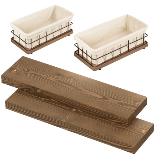 Bundle - 2 Items: Wood and Wire Baskets with Floating Shelves for Bathroom Decor, Toilet Paper Storage, Living Room Bedroom and Kitchen