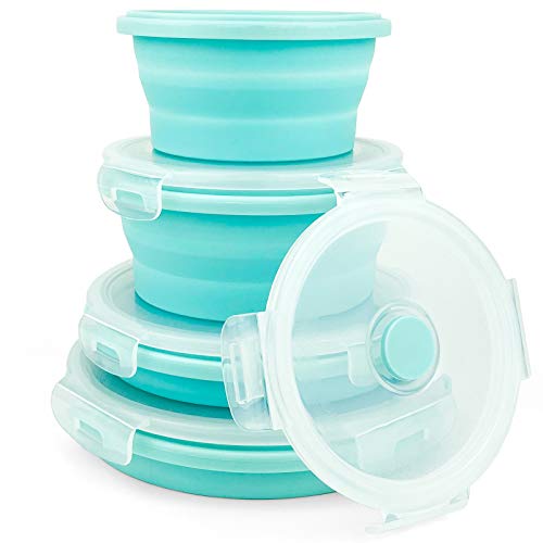 Round Collapsible Silicone Bowls Silicone Food Storage Containers with Airtight Lids for Kitchen, RV or Silicone Lunch Boxes, Microwave and Freezer Safe, Set of 4, Blue