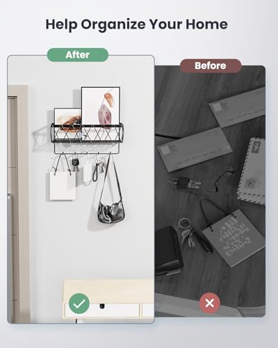 Key Holder Wall Mount Adhesive- Key and Mail Holder for Wall with 5 Hooks, Wall Mounted Mail Organizer and Key Rack, Modern Basket Key Hanger for Entryway, Home, Living Room Wall Decor, Black - view 6