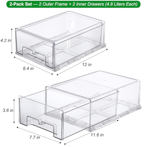 2 Pack Stackable Refrigerator Organizer Bins with Pull-Out Drawer, Clear BPA-Free Food Storage Containers for Fridge Freezer, Kitchen Pantry Cabinet & Bathroom Vanity Organization - view 2