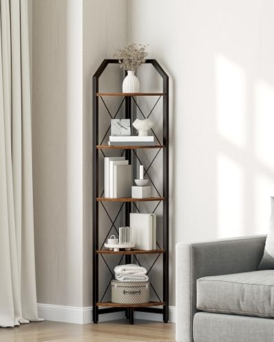 59.4" Corner Shelf, 5-Tier Industrial Corner Bookshelf, Corner Storage Stand, Plant Stand Display Shelf, Bookcase for Bedroom, Living Room, Home Office, Rustic Brown and Black TCJ10BF - view 4