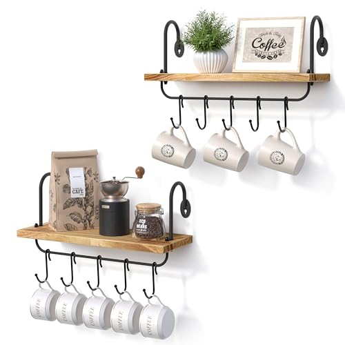 Floating Wall Shelves for Kitchen Bathroom Coffee Nook with 10 Adjustable Hooks for Coffee Mugs, Coffee Bar Organizer and Decor, Rustic Storage Shelves Set of 2