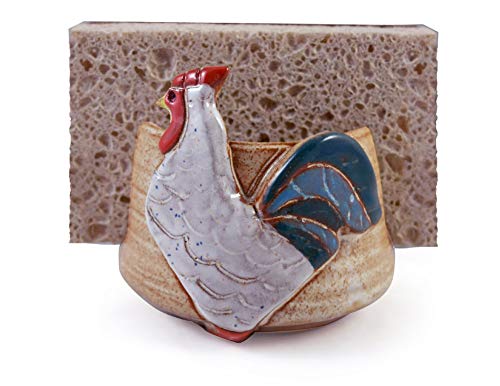 American Handmade Pottery Kitchen Sponge Holder, Farmhouse Rooster Motif - view 3