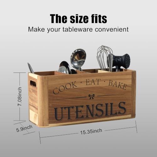 Utensil Holder for Kitchen Countertop - Extra Large 4 Compartment Wooden Organizer in Acacia Wood, Storage for Cooking Tools and Cutlery, Farmhouse Style for Home Cooking - view 4