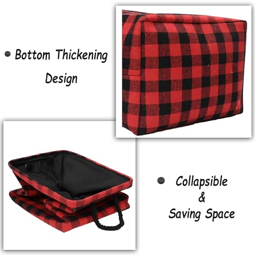 Large Rectangular Foldable Storage Laundry Baskets with Cotton Rope Handles Nursery Soft Felt Fabric Bins Delicate Home Organizer Solution, Red Black Grid, L - view 5