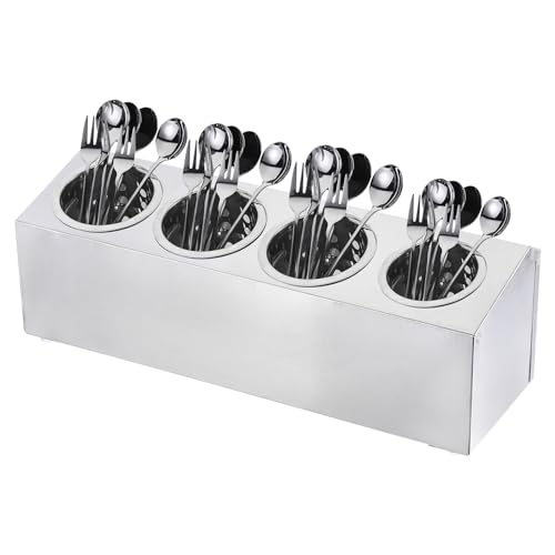 Commercial Utensil Holder, Stainless Steel Cylinder Flatware Silverware Utensil Holder Caddy Drying Rack Countertop Silverware Organizer (4 Holes)