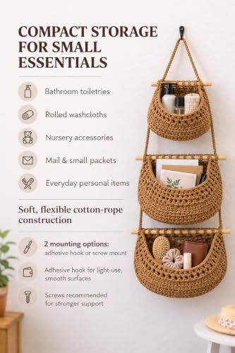 Compact 3-Tier Hanging Wall Basket Organizer with No-Drill Adhesive Hooks – Soft Cotton Rope Storage for Bathroom, Nursery & Small Spaces – Detachable, Renter Friendly - view 7