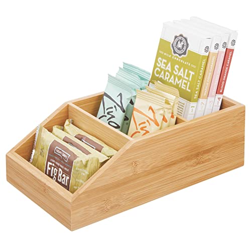 Bamboo Wood Food Storage Bin with Divided 3 Compartments and Sloped Front for Kitchen Cabinet, Pantry, Shelf to Organize Seasoning Packets, Powder Mixes, Spices, Snacks - Natural