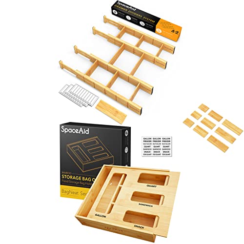 Bamboo Drawer Dividers with Inserts and Labels, 4 Dividers with 9 Inserts (17-22 in), Bag Storage Organizer (1 Box 4 Slots)