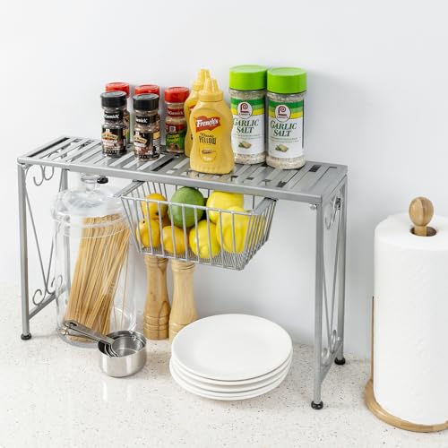 Silver Metal Over The Sink Organizer Shelf with Pull Out Drawer, Expandable Kitchen Caddy Rack, Bathroom Storage Shelf Riser with Scrollwork Design - view 2