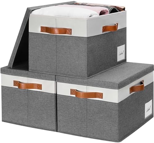 Storage Bins with Lids 3 Pack, Large Storage Baskets with Lids and Label, Foldable Fabric Storage Boxes with 3 PU Handles for Organizing Shelves Home Nursery Office (Grey, 15x11x9.6)