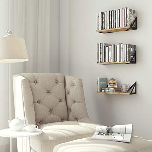 Minori Floating Shelves Set of 3, Small Bookshelf Unit for Living Room, Office, and Bedroom, Natural Burned Rustic Wood Wall Decor with Metal Floating Shelf Bracket 6D x 17W x 5.5H in - view 2