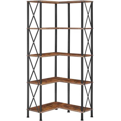 Corner Bookshelf, 5-Tier L-Shaped Bookcase, Industrial Open Display Shelf Tall Storage Organizer, Vertical Storage Rack, for Living Room, Home Office, Rustic Brown and Black BF60SJ01