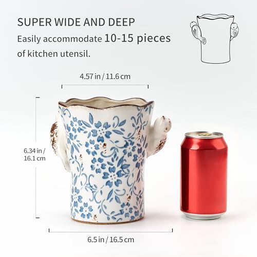 6.34"H Utensil Holder for Kitchen Counter, Modern Farmhouse Cooking Utensil Holder and Crock Home Kitchen Decor, Ceramic Utensil Organizer for Spatula, Ladle, Eggbeater, Rolling Pin- Blue and White - view 2