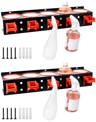 Wall-mounted Spray Bottle Holder, 2 Pack Aerosol Can Rack Organizer - 5 Holes and 5 Plastic Hooks Included for Tidying Up Your Cleaning and Detailing Tools