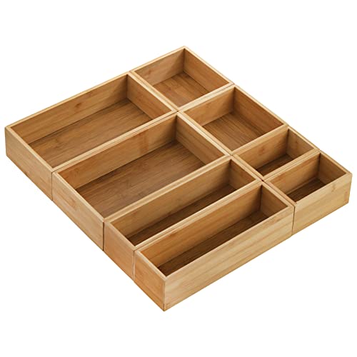 8 Pieces Bamboo Drawer Organizer Boxes, Stackable Drawer Organizer Storage Tray 4-Size, Versatile Dividers Cutlery Holders Bins Containers for Kitchen, Bathroom, Office Desk, Makeup, Jewelry