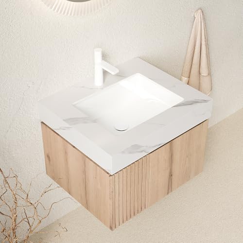 24" Floating Bathroom Vanity with Sink, Plywood Frame, Light Oak - view 5
