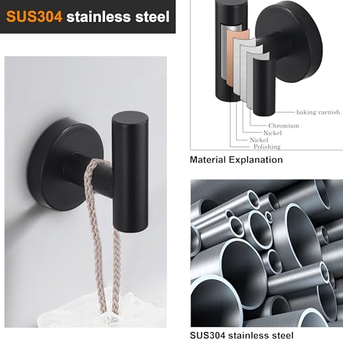 Towel Coat Hook Matte Black SUS304 Stainless Steel Bathroom Clothes Cabinet Closet Sponges Robe Hook Wall Mounted Round Kitchen Heavy Duty Door Hanger 2 Packs - view 3