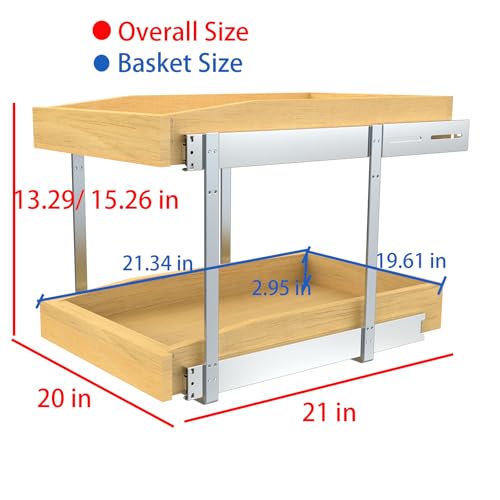 2 Tier Pull Out Cabinet Organizer, 20"W x 21"D Solid Wood Heavy-Duty Base Bottom Assembly Slide out Drawer Shel Cabinet Organization for Kitchen, Pantry, Bathroom - view 2