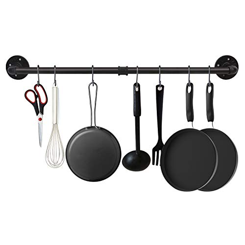 34.3 inch Industrial Pipe Pot Bar Rack with 15 S Hooks Rustic Iron Pots and Pans Hanging Rail Pipe Towel Holder Wall Mounted Detachable Kitchen Utensil Pan Lid Organizer Black