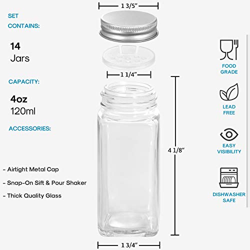 14 Pcs Glass Spice Jars with Spice Labels - 4oz Empty Square Spice Bottles - Shaker Lids and Airtight Metal Caps - Chalk Marker and Silicone Collapsible Funnel Included - view 2