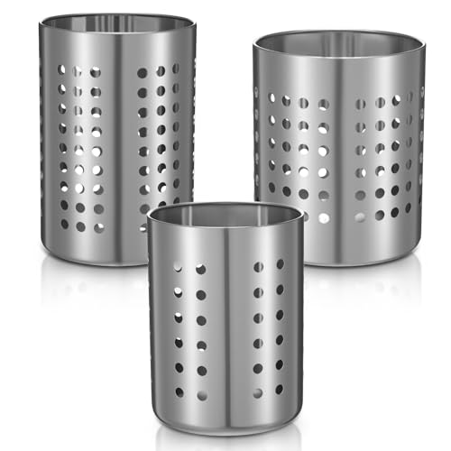 Metal Utensil Holder Set, Small SUS401 Steel Utensil Holder Flatware Silverware Spatulas Utensils Drying Rack for Kitchen Countertop, Kitchen Home Office Organizers,Silver (3 Pack)