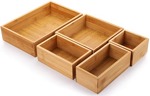 Set of 5 Bamboo Drawer Organizer Boxes, Desk Storage Box Kit, Drawer Storage Containers Tray Bins for Office, Kitchen, Bedroom, Children Room, Craft, Sewing