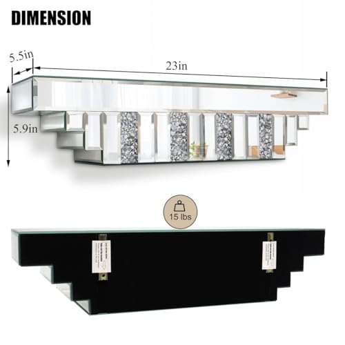 Mirrored Floating Shelf for Wall-23 Crushed Crystal Diamond Wall Shelf, Silver Mirror Display Shelf for Bathroom, Living Room, Bedroom-Glam Art Deco Showcase for Perfume, Jewelry, Small Plants - view 2
