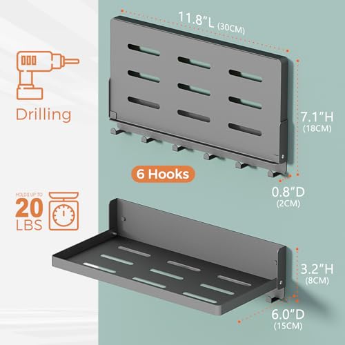 Small Folding Metal Shelf with Hooks, Fold-up Wall Shelf, 6 Hooks, Drop Down Floating Shelf for Laundry Room, Kitchen, RV, Toilet Room, Garage, Utility, Black（11.8", 1 Pack） - view 3