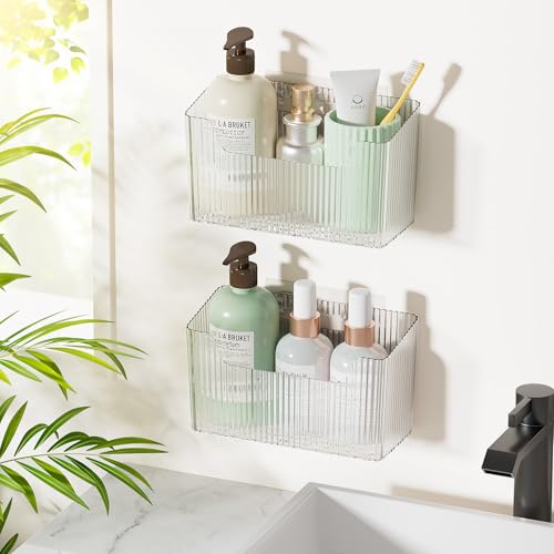 2 Pack Adhesive Storage Cabinet Door Caddy Organizer,Stackable Clear Plastic Storage Organizer Adhesive Hanging Bin for Bathroom, Kitchen,Pantry