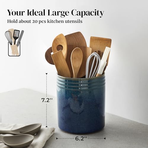 7.2" Kitchen Utensil Holder, Extra Large Farmhouse Utensil Holders for Countertop, Ceramic Utensil Crock, Anti Slip Cork Bottom - view 2