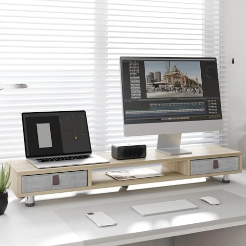 Dual Monitor Stand, 2-Tier Desk Organizer with Drawers, 42.5in, Oak - view 2