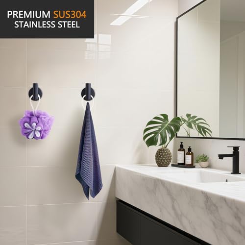 Towel Coat Hook Matte Black SUS304 Stainless Steel Bathroom Clothes Cabinet Closet Sponges Robe Hook Wall Mounted Round Kitchen Heavy Duty Door Hanger 2 Packs - view 2