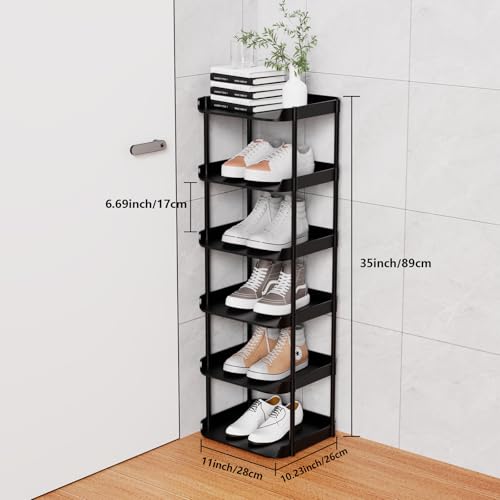 6 Tier Vertical Narrow Shoe Rack, Stackable Tall Skinny Shoerack, Compact Single Shoes Storage Tower for Slim Space, Corner Plastic Shelves, for Hallways, Entryway, Bedrooms Organizer, Black - view 3