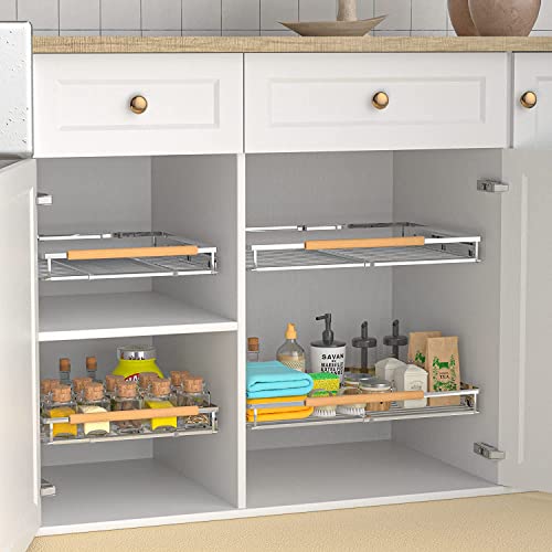 Pull Out Cabinet Shelf, Slide Out Cabinet Organizer Heavy Duty Under Sink, Anti Rust Kitchen Organizer Basket, Smooth Roll Expandable Sliding Drawer, 2 Pack Chrome 15.9''-26.2'' - view 2