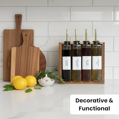 The Oil Library | Glass Oil & Vinegar Bottles with 100% Acacia Wood Stand | 4 Containers, 5 Gold Nozzles & 35 Stain-Resistant Labels | Countertop Display Set - view 4