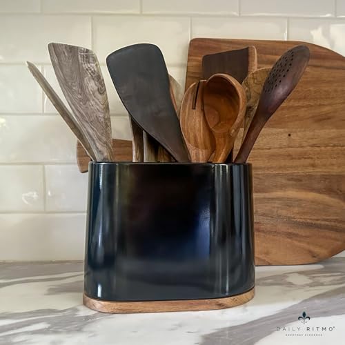 Black Large Oval Utensil Holder with Bamboo Base and Divider - view 5