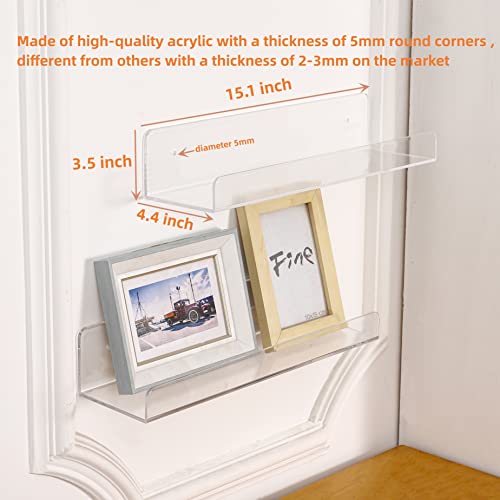 4 PCS Clear Acrylic Floating Wall Ledge Shelf 15 Inch Wall Mounted Nursery Kids Bookshelf, Invisible Hanging Shelves for Wall Storage,Toy Picture Ledge Display Shelf Bathroom Storage Shelves - view 3